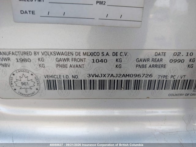 Aukcja sprzedaży 2010 Volkswagen Jetta, vin: 3VWJX7AJ2AM096726, numer aukcji: 40088637