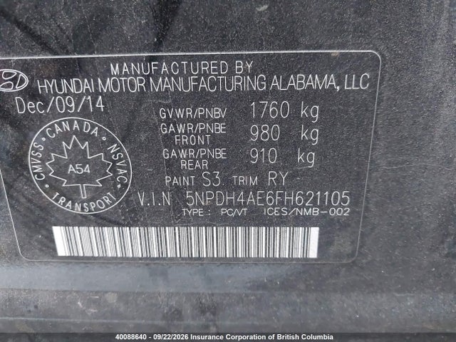40088640 :رقم المزاد ، 5NPDH4AE6FH621105 vin ، 2015 Hyundai Elantra Se/sport/limited مزاد بيع