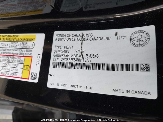 2HGFE2F54NH113772 Honda Civic Sport