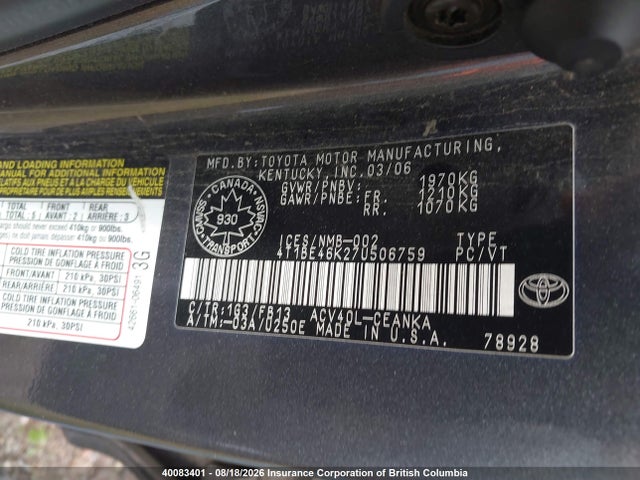 Продажа на аукционе авто 2007 Toyota Camry Ce/le/xle/se, vin: 4T1BE46K27U506759, номер лота: 40083401