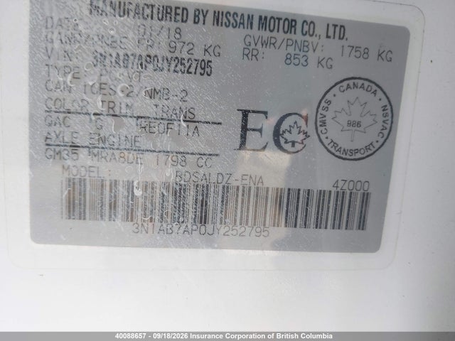 40088657 :رقم المزاد ، 3N1AB7AP0JY252795 vin ، 2018 Nissan Sentra S/sv/sr/sl مزاد بيع