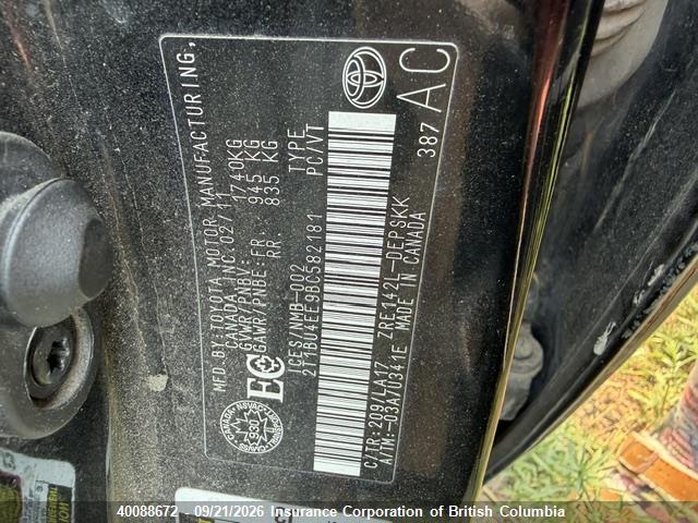 40088672 :رقم المزاد ، 2T1BU4EE9BC582181 vin ، 2011 Toyota Corolla S/le مزاد بيع