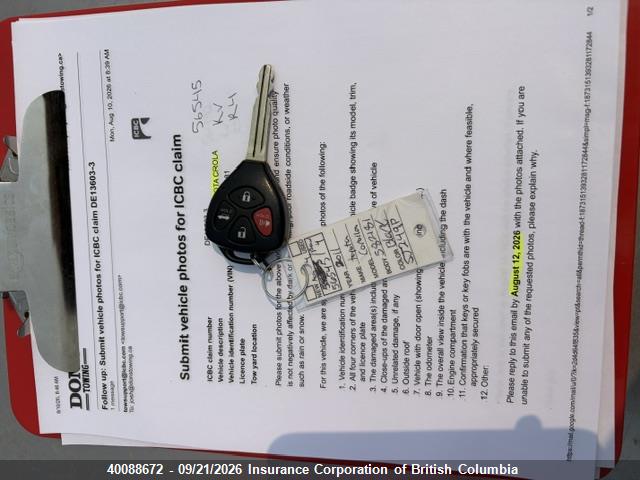 40088672 :رقم المزاد ، 2T1BU4EE9BC582181 vin ، 2011 Toyota Corolla S/le مزاد بيع