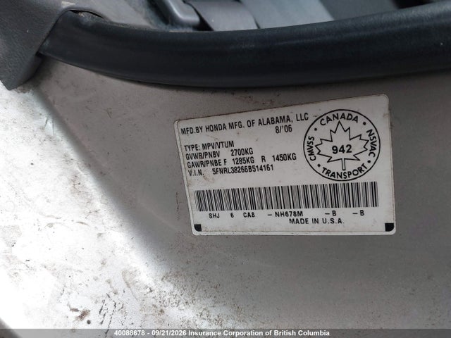 Продажа на аукционе авто 2006 Honda Odyssey Lx, vin: 5FNRL38266B514161, номер лота: 40088678