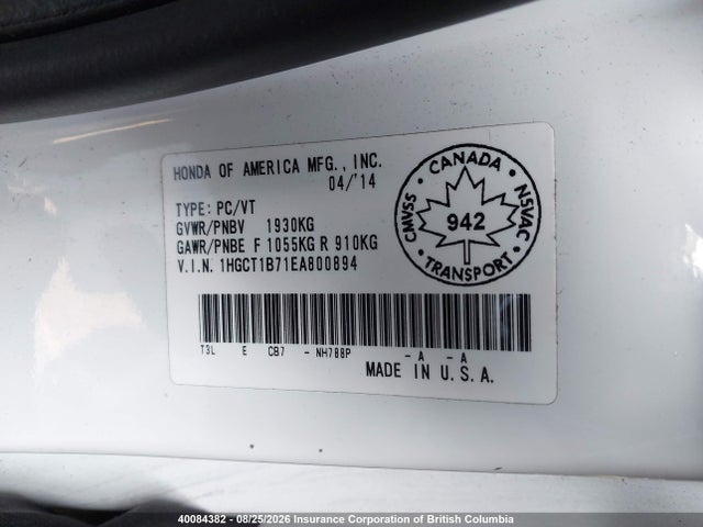 Honda ACCORD EX 2014 1HGCT1B71EA800894 Image 9