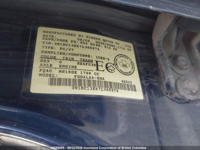 Aukcja sprzedaży 2007 Nissan Versa, vin: 3N1BC13E67L365974, numer aukcji: 40088685