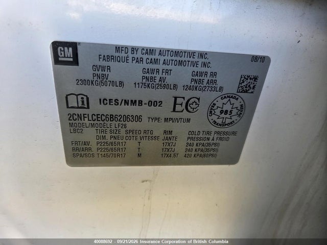 Aukcja sprzedaży 2011 Chevrolet Equinox Ls, vin: 2CNFLCEC6B6206306, numer aukcji: 40088692
