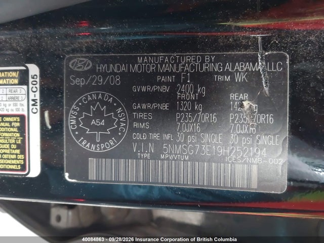 40084863 :رقم المزاد ، 5NMSG73E19H252194 vin ، 2009 Hyundai Santa Fe Gl مزاد بيع