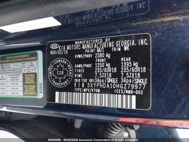 5XYPHDA10HG279977 KIA SORENTO EX