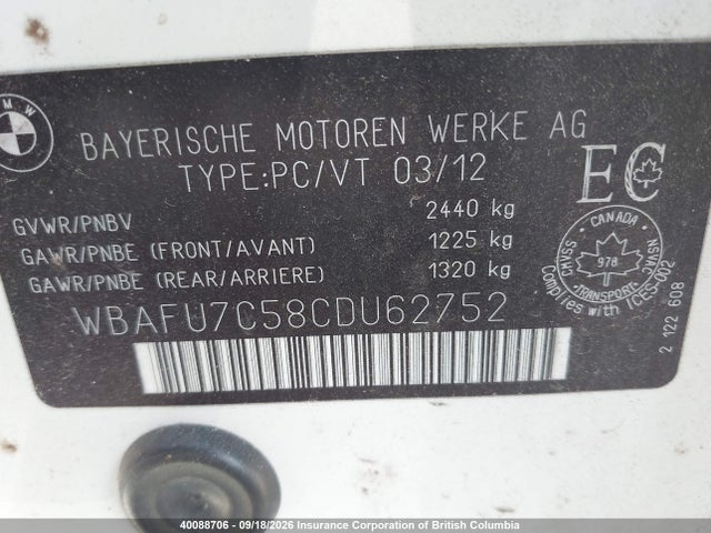 Aukcja sprzedaży 2012 Bmw 535i, vin: WBAFU7C58CDU62752, numer aukcji: 40088706