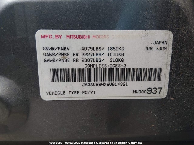 Продаж на аукціоні авто 2009 Mitsubishi Lancer Gts, vin: JA3AU86WX9U614321, номер лоту: 40085987