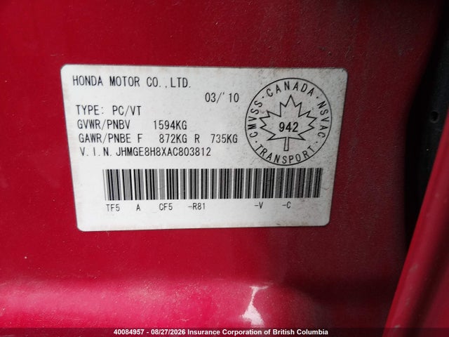 Aukcja sprzedaży 2010 Honda Fit Sport, vin: JHMGE8H8XAC803812, numer aukcji: 40084957