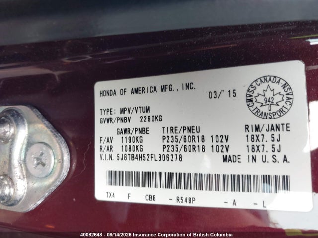 40082648 :رقم المزاد ، 5J8TB4H52FL806378 vin ، 2015 Acura Rdx Technology مزاد بيع