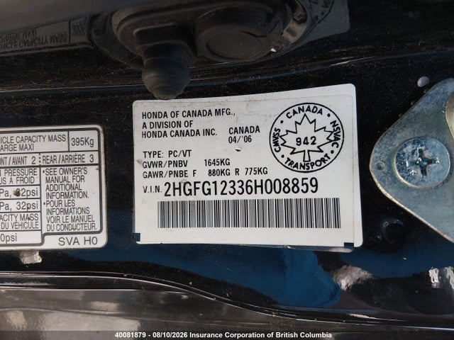 Продаж на аукціоні авто 2006 Honda Civic Dx Vp, vin: 2HGFG12336H008859, номер лоту: 40081879
