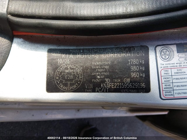 Aukcja sprzedaży 2009 Kia Spectra Ex/lx/sx, vin: KNAFE221595629196, numer aukcji: 40083114