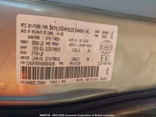 40088729 :رقم المزاد ، 1D4GP25RX6B684228 vin ، 2006 Dodge Caravan Se مزاد بيع