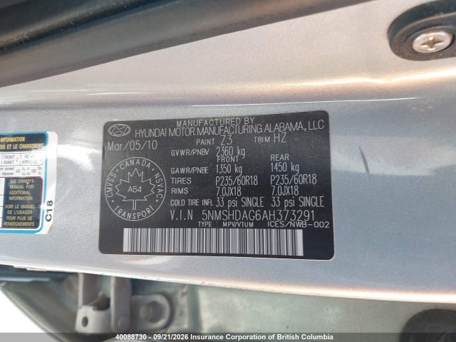 Aukcja sprzedaży 2010 Hyundai Santa Fe Limited 3.5, vin: 5NMSHDAG6AH373291, numer aukcji: 40088730