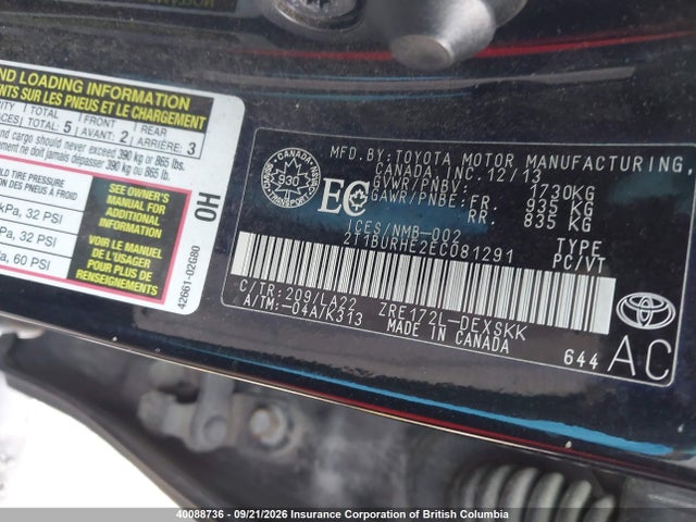 2T1BURHE2EC081291 Toyota Corolla L/le/le Pls/prm/s/s Pls