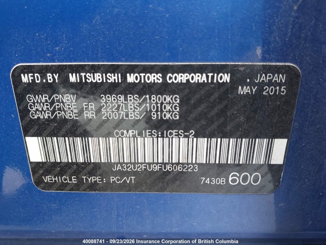 Auction sale of the 2015 Mitsubishi Lancer Gt/se, vin: JA32U2FU9FU606223, lot number: 40088741