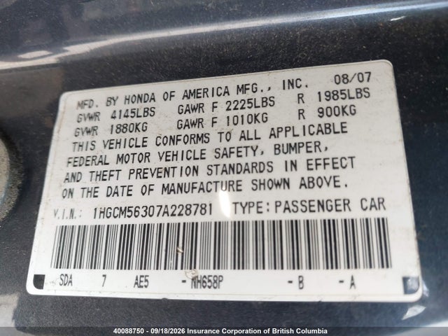 Продажа на аукционе авто 2007 Honda Accord Se, vin: 1HGCM56307A228781, номер лота: 40088750