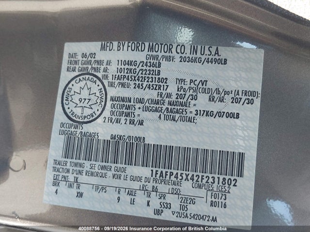 40088756 :رقم المزاد ، 1FAFP45X42F231802 vin ، 2002 Ford Mustang Gt مزاد بيع