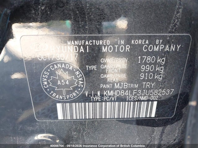 40088764 :رقم المزاد ، KMHD84LF3JU582537 vin ، 2018 Hyundai Elantra Sel/value/limited مزاد بيع