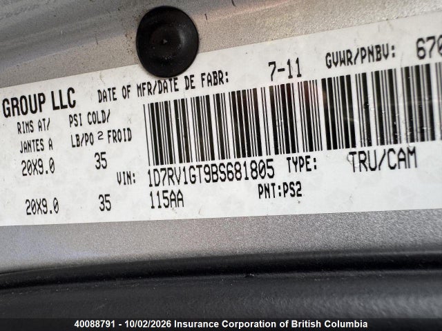 40088791 :رقم المزاد ، 1D7RV1GT9BS681805 vin ، 2011 Dodge Ram 1500 مزاد بيع