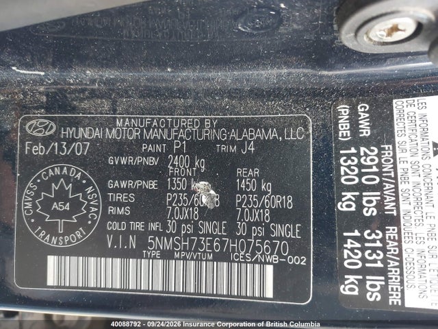 Aukcja sprzedaży 2007 Hyundai Santa Fe Se/limited, vin: 5NMSH73E67H075670, numer aukcji: 40088792