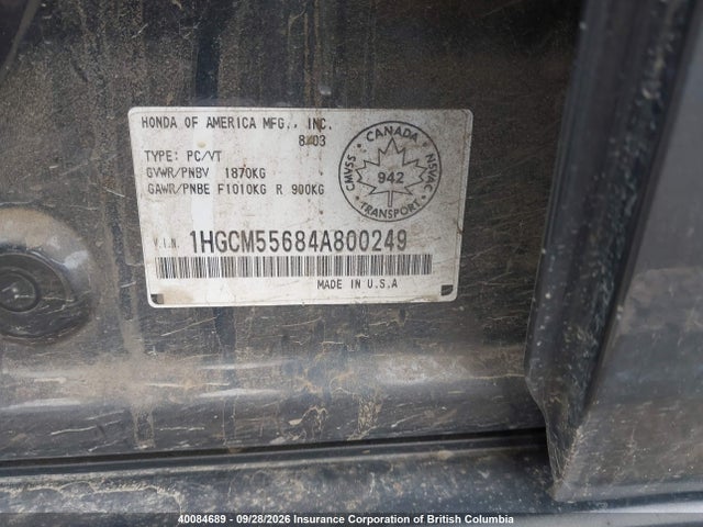 Aukcja sprzedaży 2004 Honda Accord Ex, vin: 1HGCM55684A800249, numer aukcji: 40084689