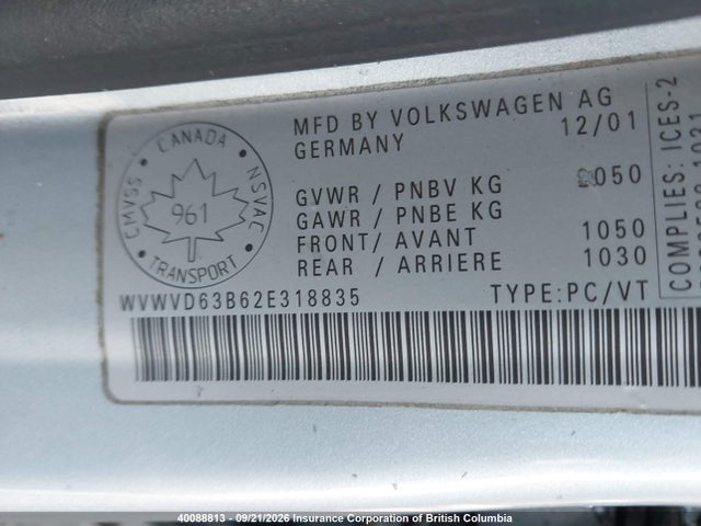 Aukcja sprzedaży 2002 Volkswagen Passat Gls, vin: WVWVD63B62E318835, numer aukcji: 40088813