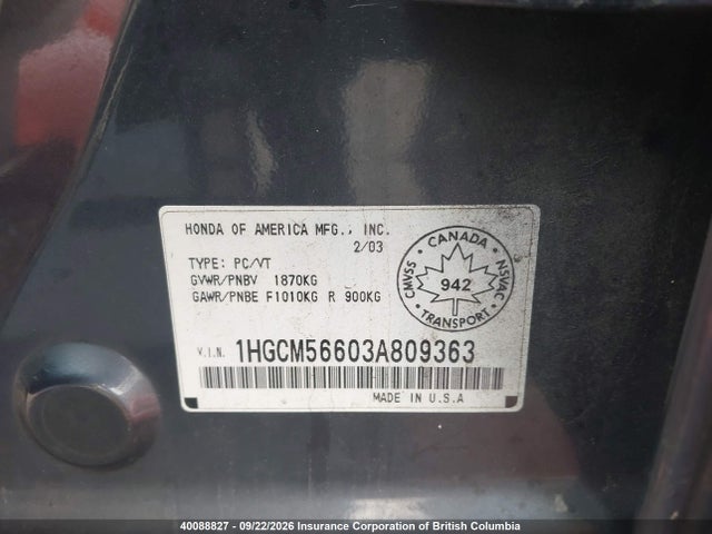 Aukcja sprzedaży 2003 Honda Accord Ex, vin: 1HGCM56603A809363, numer aukcji: 40088827