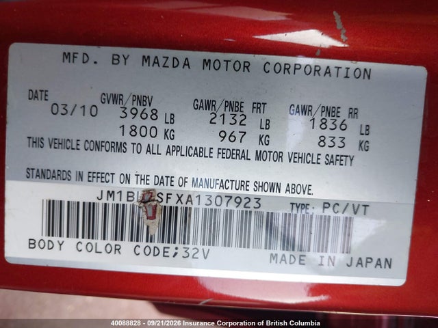 Aukcja sprzedaży 2010 Mazda Mazda3 Gs/gx, vin: JM1BL1SFXA1307923, numer aukcji: 40088828