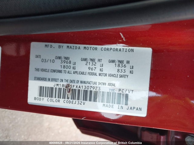 Aukcja sprzedaży 2010 Mazda Mazda3 Gs/gx, vin: JM1BL1SFXA1307923, numer aukcji: 40088828