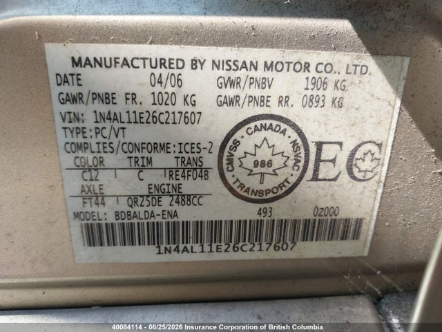 40084114 :رقم المزاد ، 1N4AL11E26C217607 vin ، 2006 Nissan Altima S/sl مزاد بيع