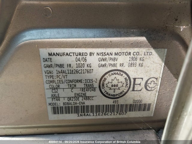 40084114 :رقم المزاد ، 1N4AL11E26C217607 vin ، 2006 Nissan Altima S/sl مزاد بيع