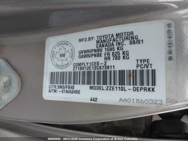 Продажа на аукционе авто 2002 Toyota Corolla Ce/le/s, vin: 2T1BR12E12C873911, номер лота: 40088840