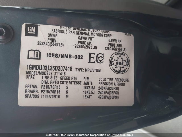Auction sale of the 2005 Pontiac Montana Sv6, vin: 1GMDU03L25D307418, lot number: 40087139