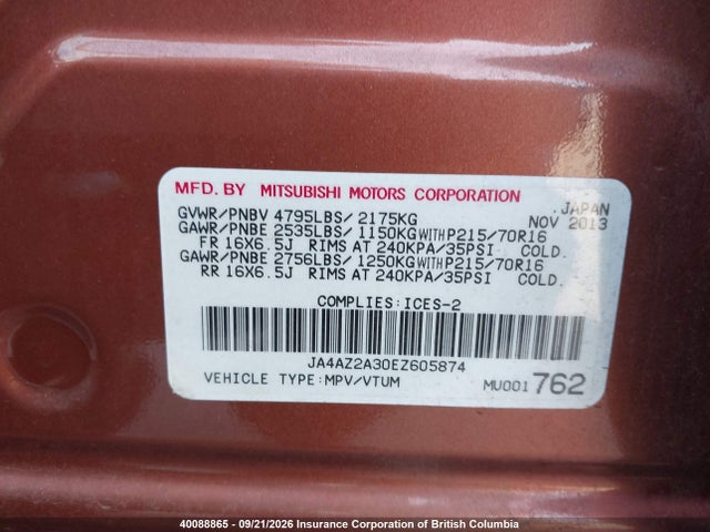JA4AZ2A30EZ605874 Mitsubishi Outlander Es