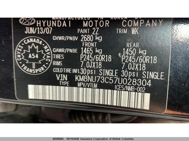 40088866 :رقم المزاد ، KM8NU73C57U028304 vin ، 2007 Hyundai Veracruz Gls/se/limited مزاد بيع