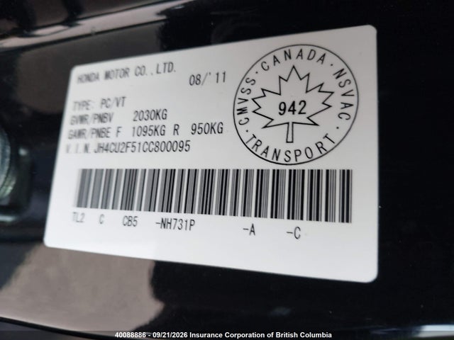 Aukcja sprzedaży 2012 Acura Tsx, vin: JH4CU2F51CC800095, numer aukcji: 40088886