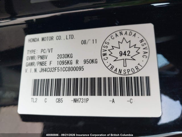 Aukcja sprzedaży 2012 Acura Tsx, vin: JH4CU2F51CC800095, numer aukcji: 40088886
