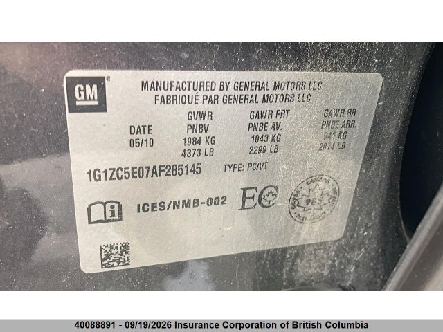 40088891 :رقم المزاد ، 1G1ZC5E07AF285145 vin ، 2010 Chevrolet Malibu Lt مزاد بيع
