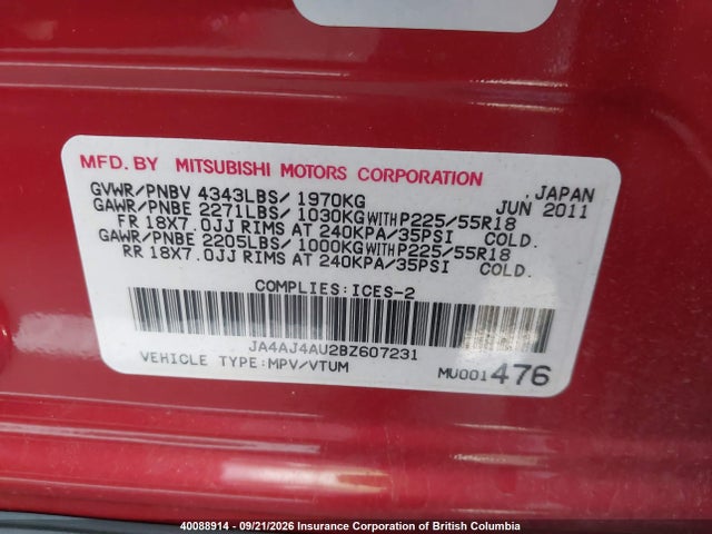 Продажа на аукционе авто 2011 Mitsubishi Rvr, vin: JA4AJ4AU2BZ607231, номер лота: 40088914