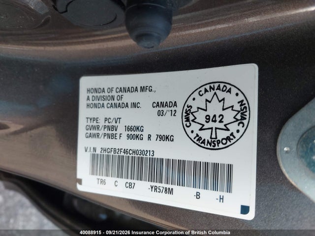 Aukcja sprzedaży 2012 Honda Civic, vin: 2HGFB2F46CH030213, numer aukcji: 40088915