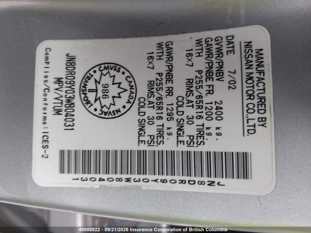 40088922 :رقم المزاد ، JN8DR09Y03W804031 vin ، 2003 Nissan Pathfinder Le/se مزاد بيع