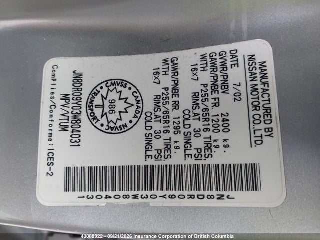 40088922 :رقم المزاد ، JN8DR09Y03W804031 vin ، 2003 Nissan Pathfinder Le/se مزاد بيع