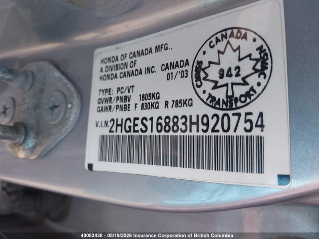 Aukcja sprzedaży 2003 Honda Civic Lx, vin: 2HGES16883H920754, numer aukcji: 40083438