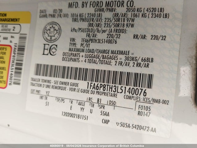 Ford Mustang 2020 1FA6P8TH3L5140076 Image 9