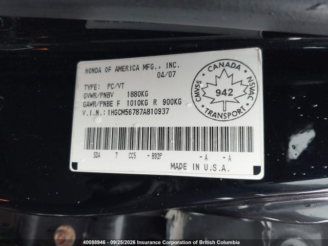 Aukcja sprzedaży 2007 Honda Accord Ex-l/se, vin: 1HGCM56787A810937, numer aukcji: 40088946