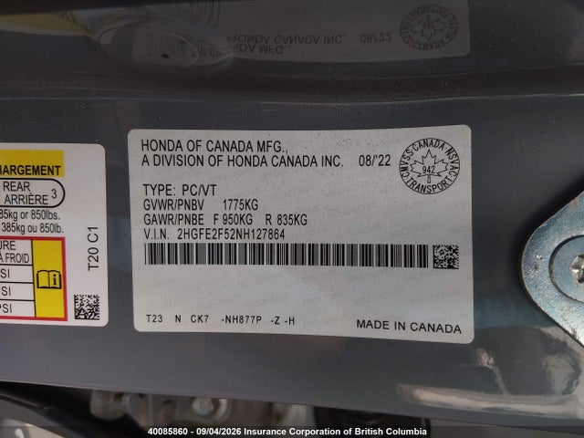 Продажа на аукционе авто 2022 Honda Civic Sport, vin: 2HGFE2F52NH127864, номер лота: 40085860